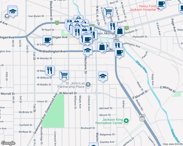 map of restaurants, bars, coffee shops, grocery stores, and more near 107 East Mason Street in Jackson
