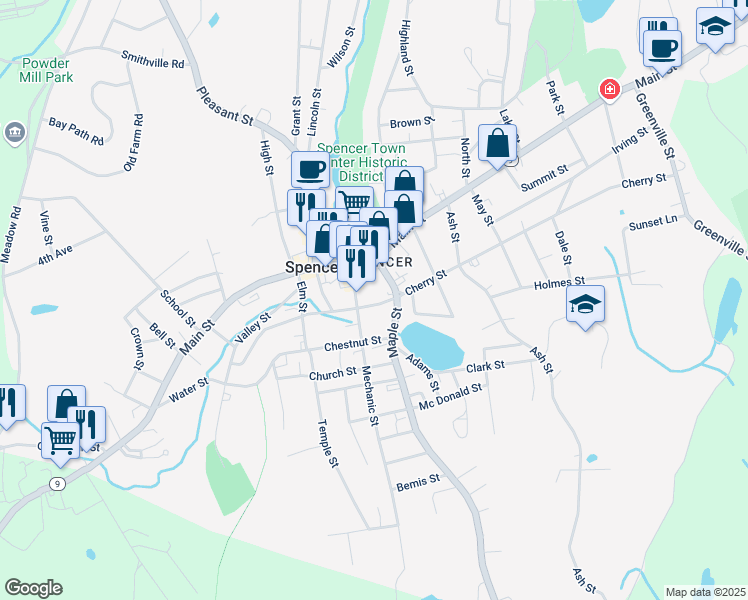 map of restaurants, bars, coffee shops, grocery stores, and more near 17 Cherry Street in Spencer