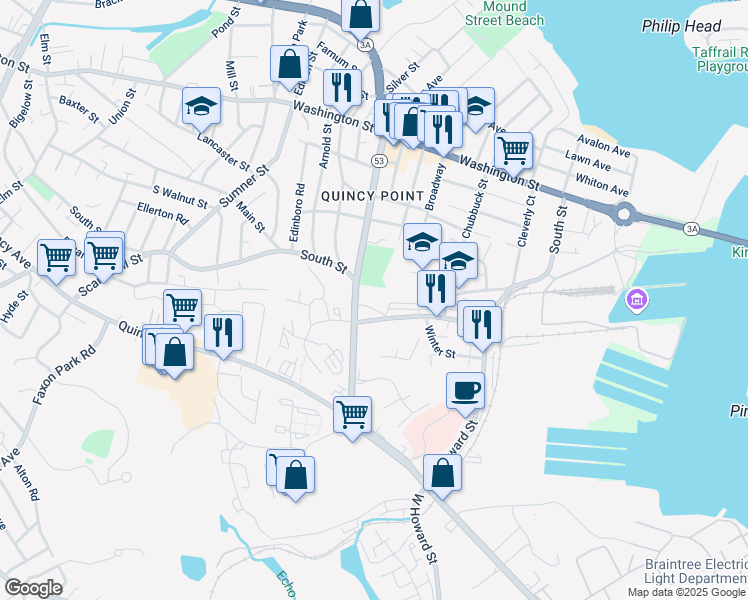 map of restaurants, bars, coffee shops, grocery stores, and more near 996 Southern Artery in Quincy
