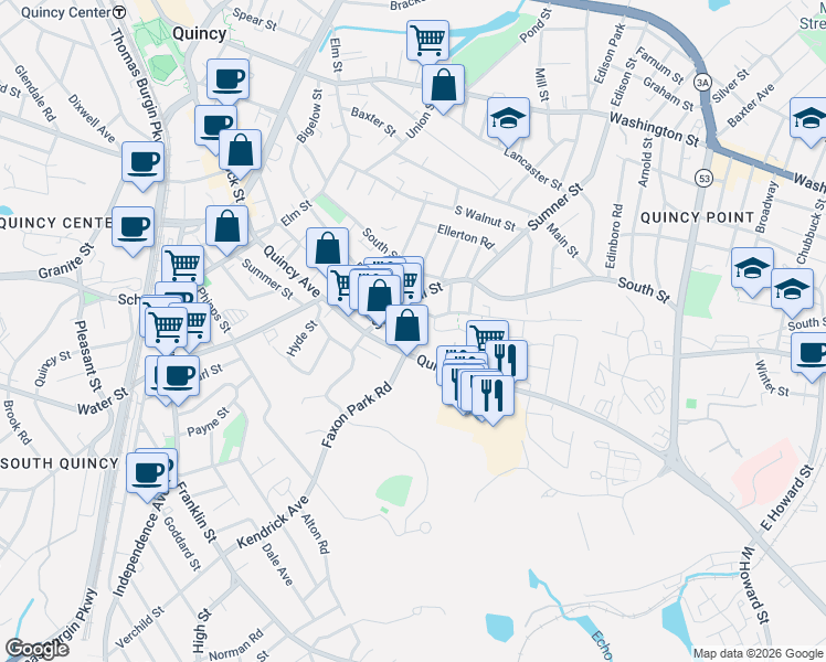 map of restaurants, bars, coffee shops, grocery stores, and more near 25 Martensen Street in Quincy
