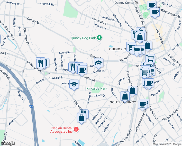 map of restaurants, bars, coffee shops, grocery stores, and more near 321 Granite Street in Quincy