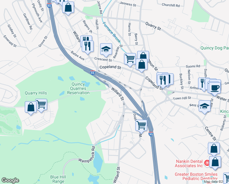 map of restaurants, bars, coffee shops, grocery stores, and more near 2-12 Ricciuti Drive in Quincy