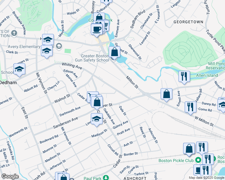 map of restaurants, bars, coffee shops, grocery stores, and more near 360 Whiting Avenue in Dedham