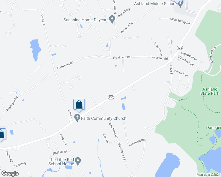 map of restaurants, bars, coffee shops, grocery stores, and more near 30a Ashland Woods Lane in Ashland