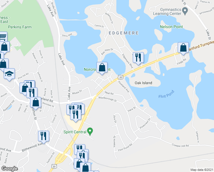 map of restaurants, bars, coffee shops, grocery stores, and more near 634 Sunderland Road in Worcester
