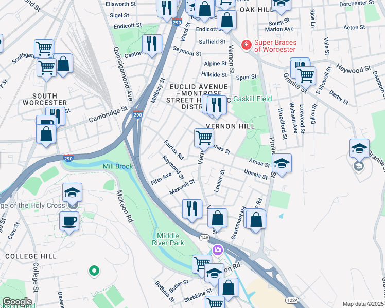 map of restaurants, bars, coffee shops, grocery stores, and more near 176 Vernon Street in Worcester