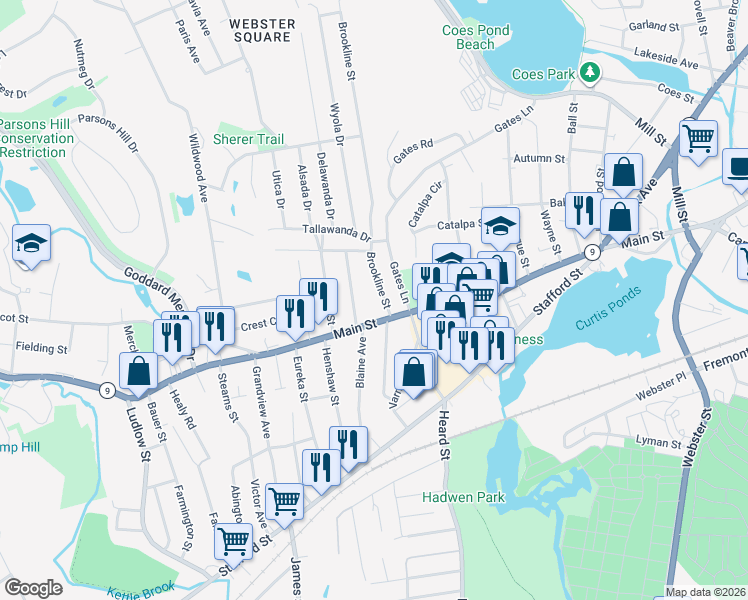 map of restaurants, bars, coffee shops, grocery stores, and more near 12 Henderson Avenue in Worcester