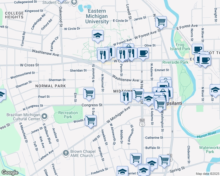 map of restaurants, bars, coffee shops, grocery stores, and more near 121 College Place in Ypsilanti
