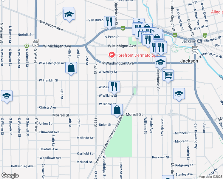 map of restaurants, bars, coffee shops, grocery stores, and more near 311 West Mason Street in Jackson