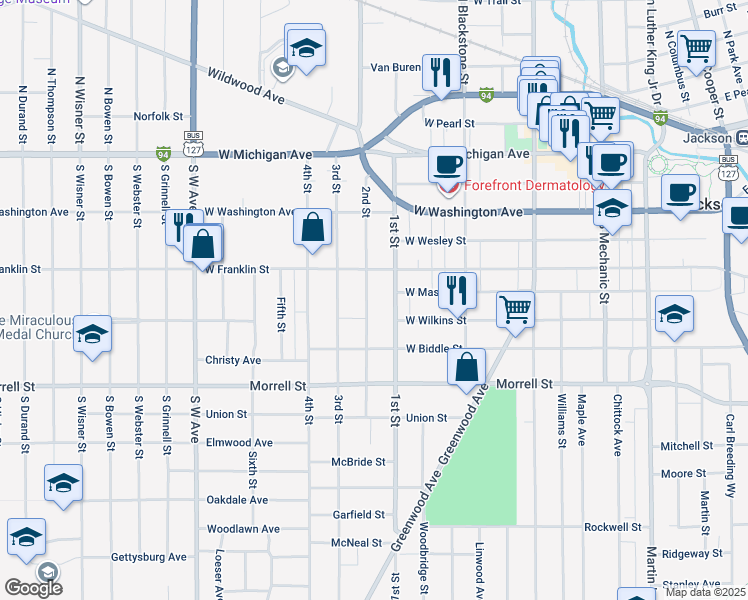 map of restaurants, bars, coffee shops, grocery stores, and more near 601 2nd Street in Jackson
