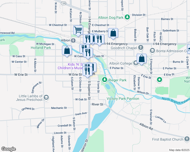 map of restaurants, bars, coffee shops, grocery stores, and more near 203 East Erie Street in Albion