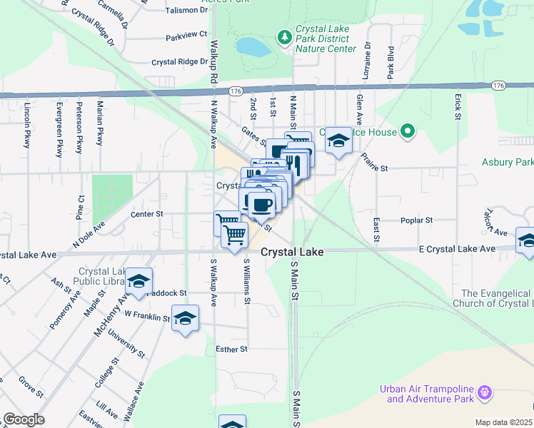 map of restaurants, bars, coffee shops, grocery stores, and more near 83 North Williams Street in Crystal Lake