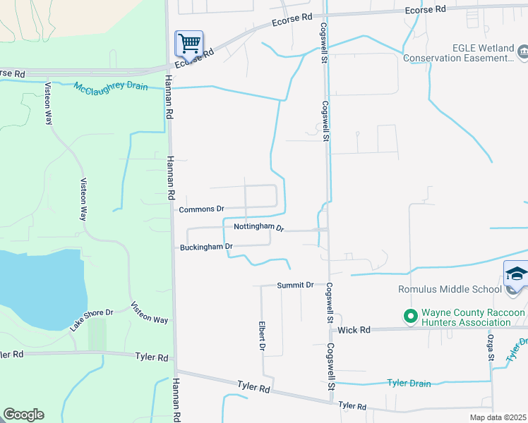 map of restaurants, bars, coffee shops, grocery stores, and more near 39017 Commons Drive in Romulus