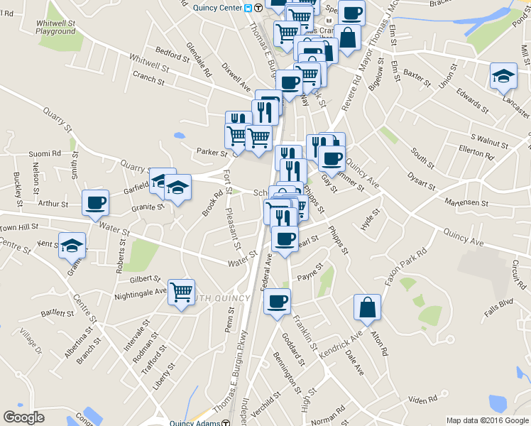 map of restaurants, bars, coffee shops, grocery stores, and more near Thomas East Burgin Pkwy in Quincy