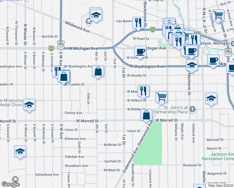 map of restaurants, bars, coffee shops, grocery stores, and more near 601 2nd Street in Jackson