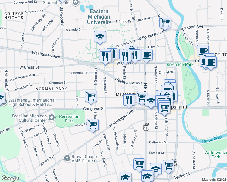 map of restaurants, bars, coffee shops, grocery stores, and more near 121 College Place in Ypsilanti