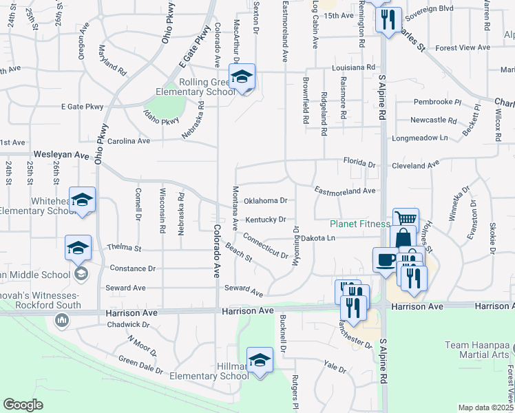 map of restaurants, bars, coffee shops, grocery stores, and more near 3723 Oklahoma Drive in Rockford