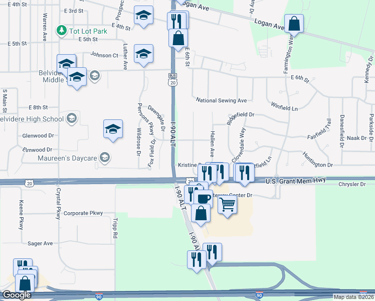 map of restaurants, bars, coffee shops, grocery stores, and more near 6234 Broadview Avenue in Belvidere