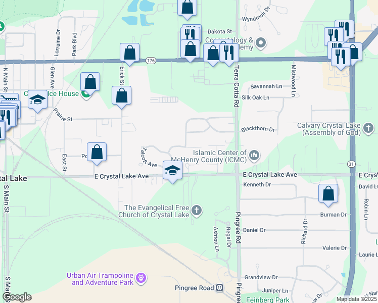 map of restaurants, bars, coffee shops, grocery stores, and more near 555 Primrose Lane in Crystal Lake