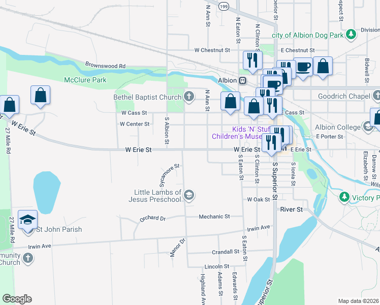 map of restaurants, bars, coffee shops, grocery stores, and more near 519 West Erie Street in Albion