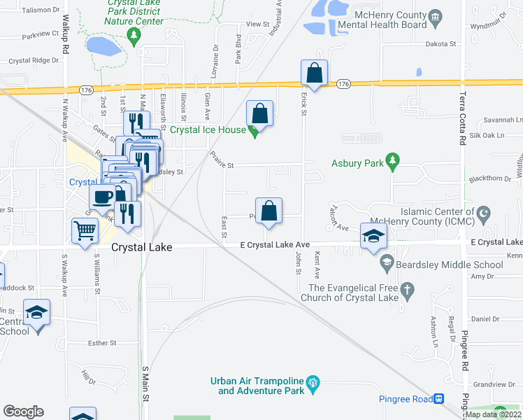map of restaurants, bars, coffee shops, grocery stores, and more near 340 Poplar Street in Crystal Lake