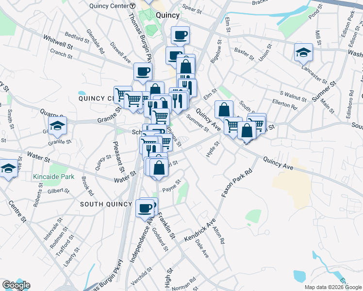 map of restaurants, bars, coffee shops, grocery stores, and more near 52 Phipps Street in Quincy