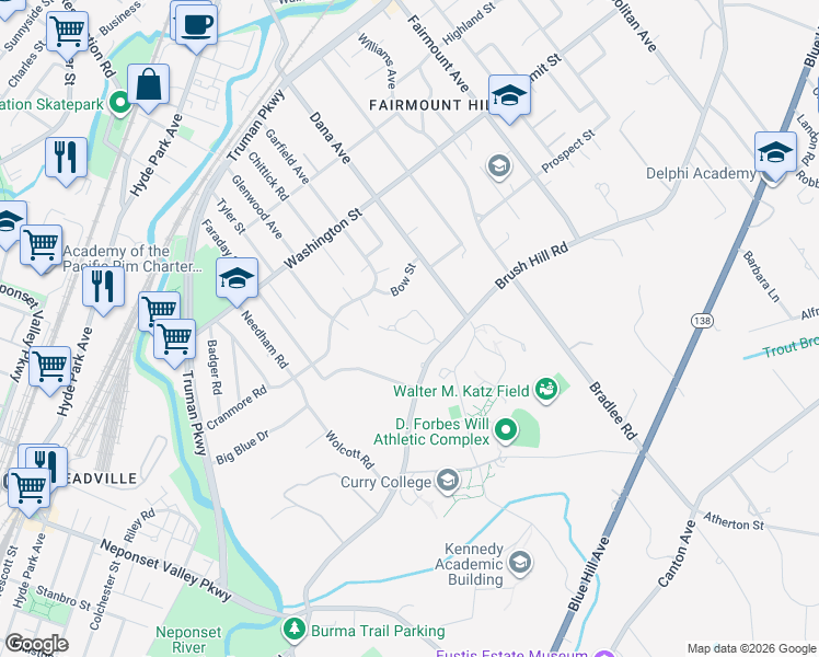 map of restaurants, bars, coffee shops, grocery stores, and more near 22 Woodmere Drive in Milton