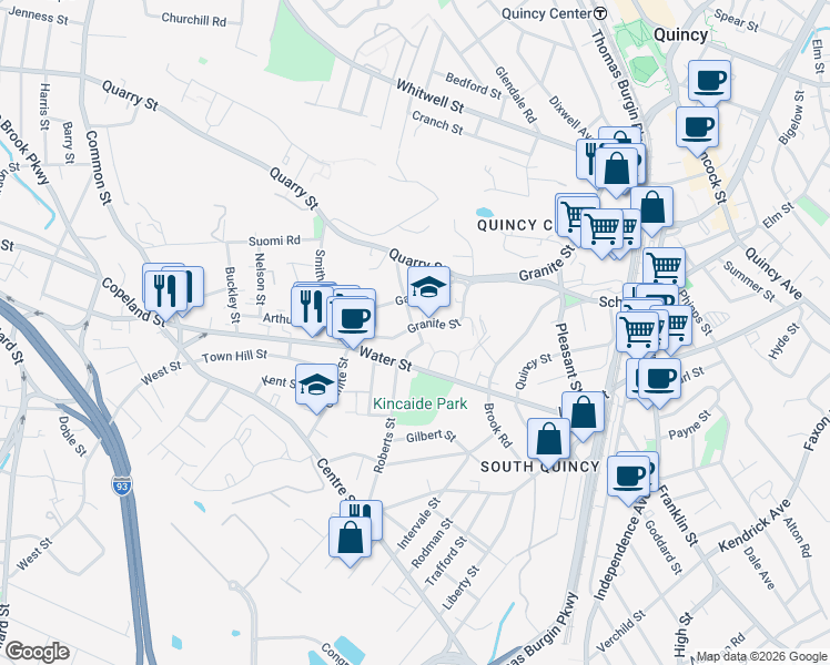 map of restaurants, bars, coffee shops, grocery stores, and more near 325 Granite Street in Quincy