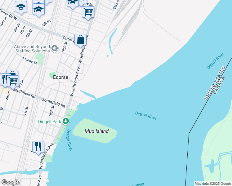 map of restaurants, bars, coffee shops, grocery stores, and more near in River Rouge