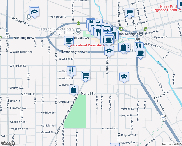 map of restaurants, bars, coffee shops, grocery stores, and more near 128 West Mason Street in Jackson