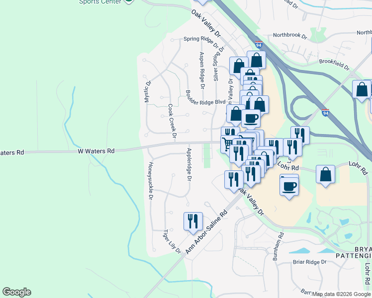 map of restaurants, bars, coffee shops, grocery stores, and more near 3006 Honeysuckle Drive in Ann Arbor