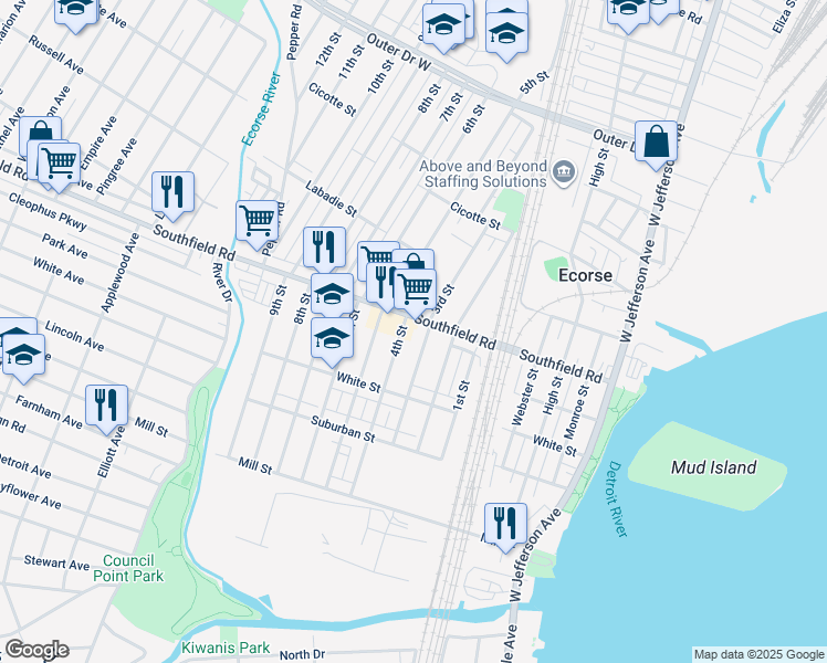 map of restaurants, bars, coffee shops, grocery stores, and more near 185 Southfield Road in Ecorse