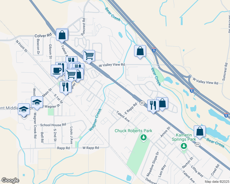 map of restaurants, bars, coffee shops, grocery stores, and more near 265 Rockfellow Place in Talent