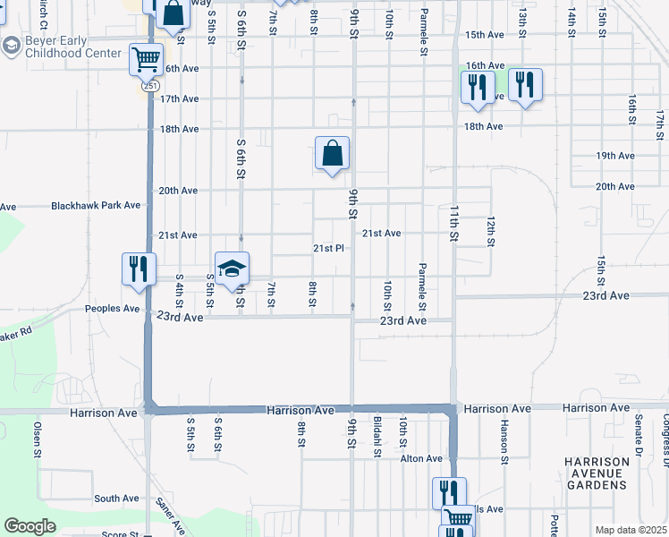 map of restaurants, bars, coffee shops, grocery stores, and more near 2251 9th Street in Rockford