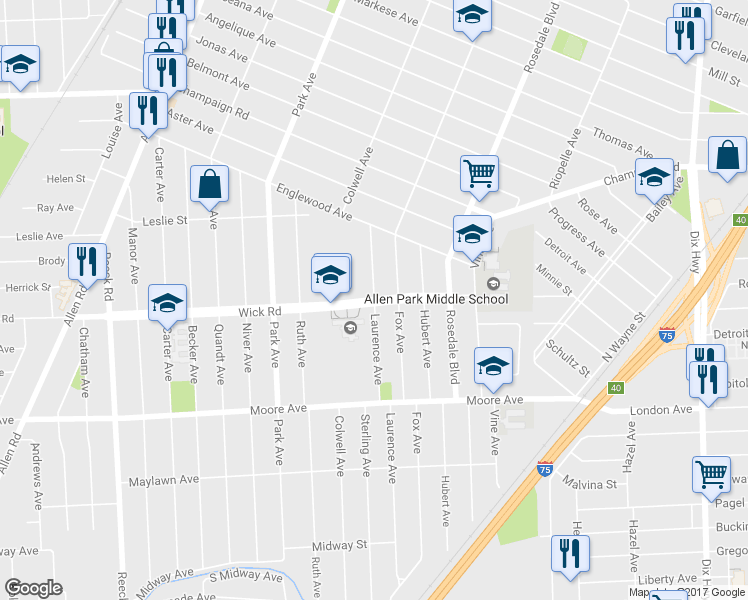map of restaurants, bars, coffee shops, grocery stores, and more near 14830 Wick Road in Allen Park
