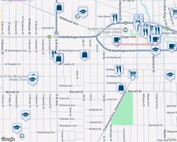 map of restaurants, bars, coffee shops, grocery stores, and more near 601 Third Street in Jackson