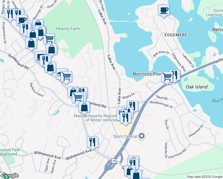 map of restaurants, bars, coffee shops, grocery stores, and more near 7 Cadman Street in Worcester