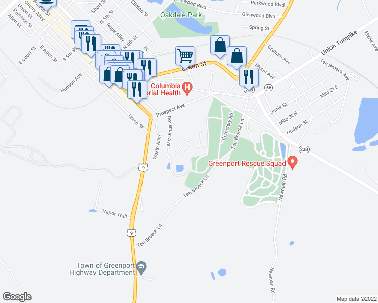map of restaurants, bars, coffee shops, grocery stores, and more near 18 Van Winkle Road in Hudson