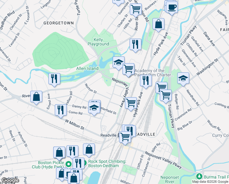 map of restaurants, bars, coffee shops, grocery stores, and more near 84 Readville Street in Boston