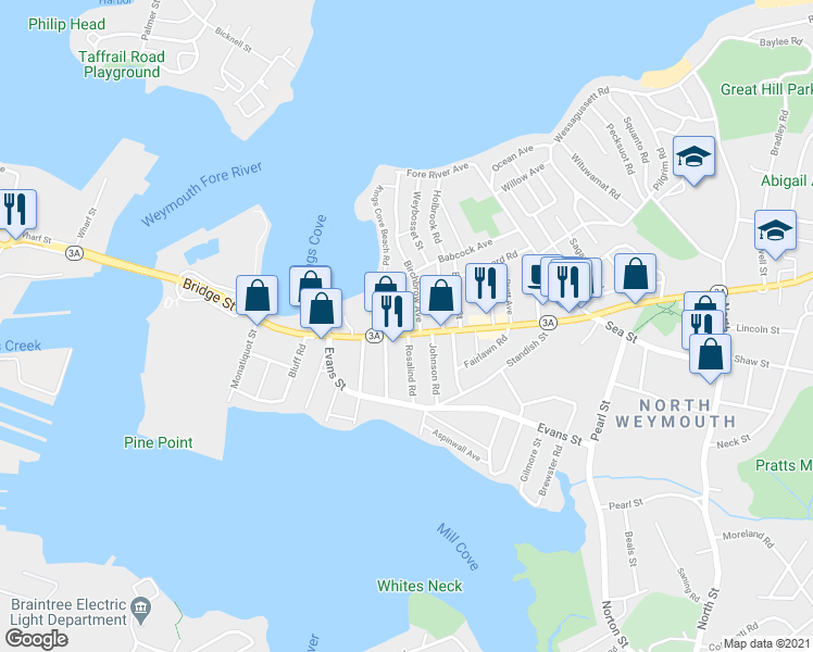 map of restaurants, bars, coffee shops, grocery stores, and more near 230 Bridge Street in Weymouth