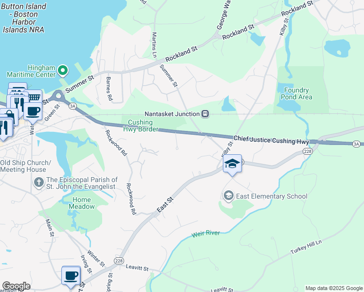 map of restaurants, bars, coffee shops, grocery stores, and more near 70 Justice Cushing Way in Hingham