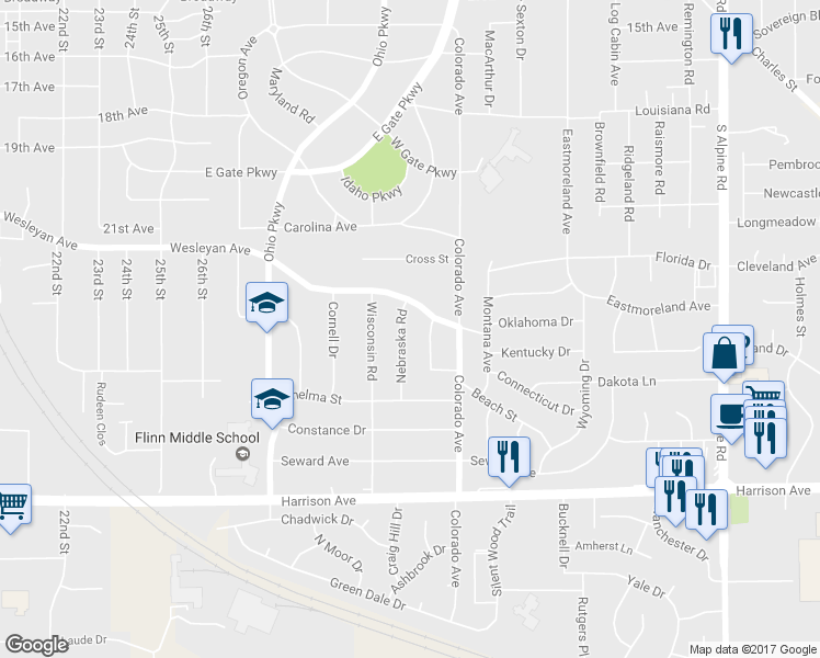 map of restaurants, bars, coffee shops, grocery stores, and more near 2320 Nebraska Road in Rockford