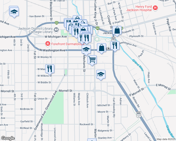 map of restaurants, bars, coffee shops, grocery stores, and more near 107 East Mason Street in Jackson