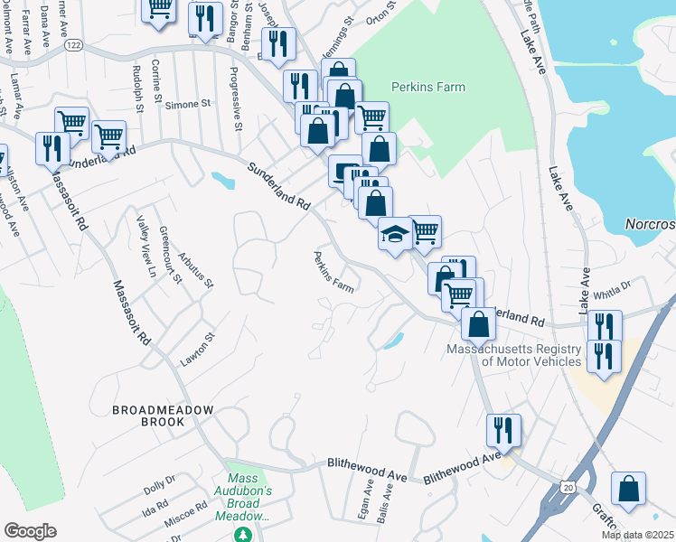 map of restaurants, bars, coffee shops, grocery stores, and more near 270 Sunderland Road in Worcester
