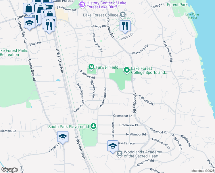 map of restaurants, bars, coffee shops, grocery stores, and more near 177 Washington Road in Lake Forest