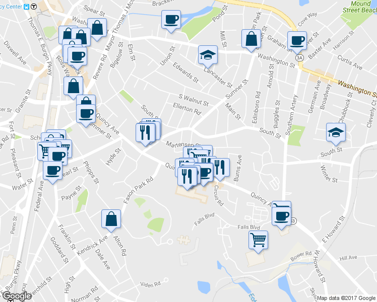 map of restaurants, bars, coffee shops, grocery stores, and more near 59 Martensen Street in Quincy