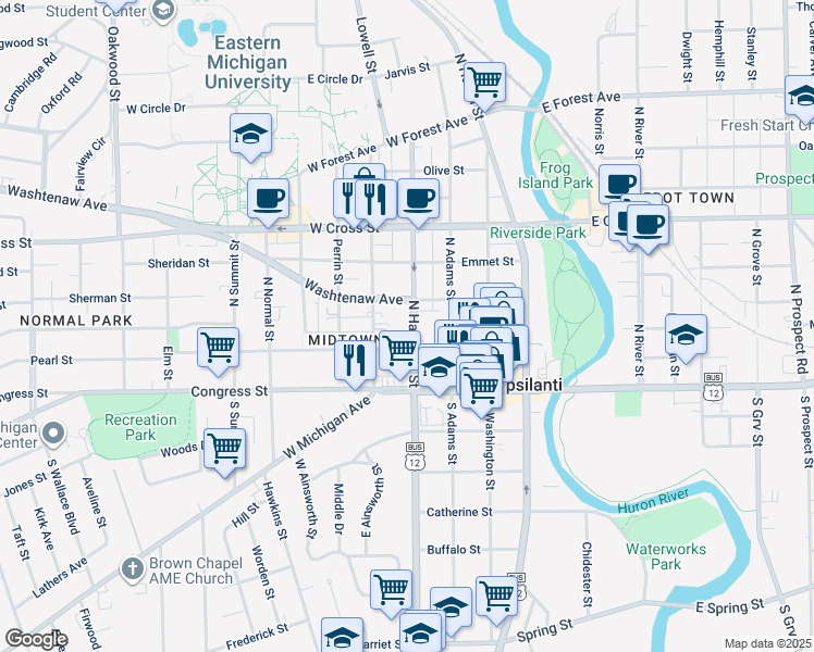 map of restaurants, bars, coffee shops, grocery stores, and more near 112 North Hamilton Street in Ypsilanti
