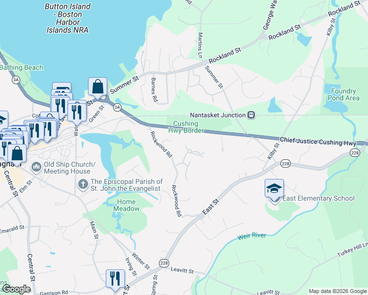 map of restaurants, bars, coffee shops, grocery stores, and more near 5 Oakwood Circle in Hingham