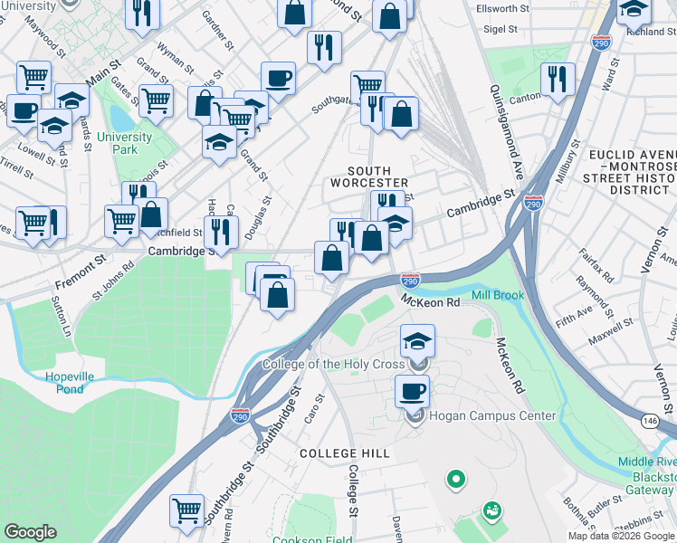 map of restaurants, bars, coffee shops, grocery stores, and more near 4 Chelsea Street in Worcester