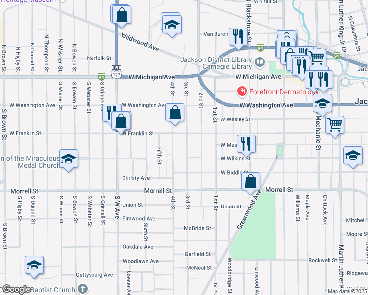 map of restaurants, bars, coffee shops, grocery stores, and more near 600 3rd Street in Jackson